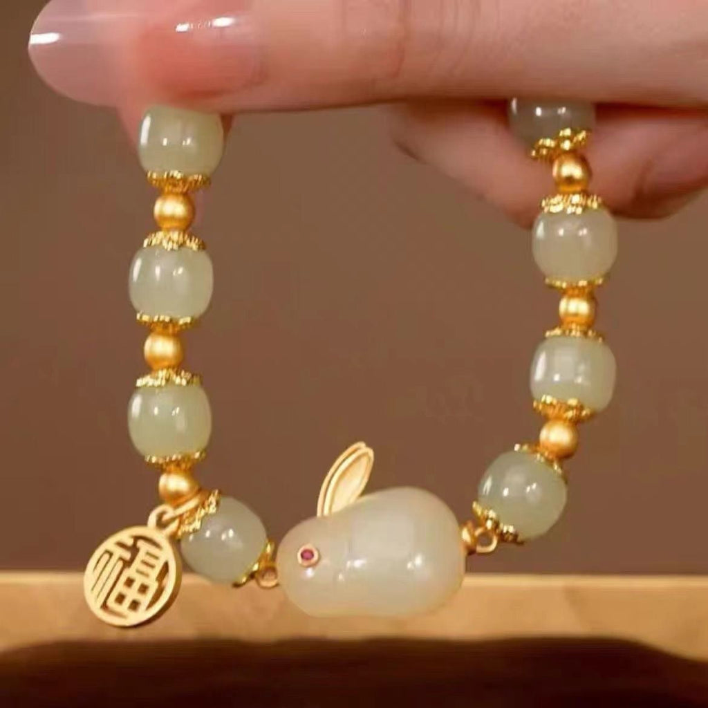 New Chinese Style Jade Rabbit Bracelet – Gold-plated Hetian Jade and Agate Lucky Bracelet