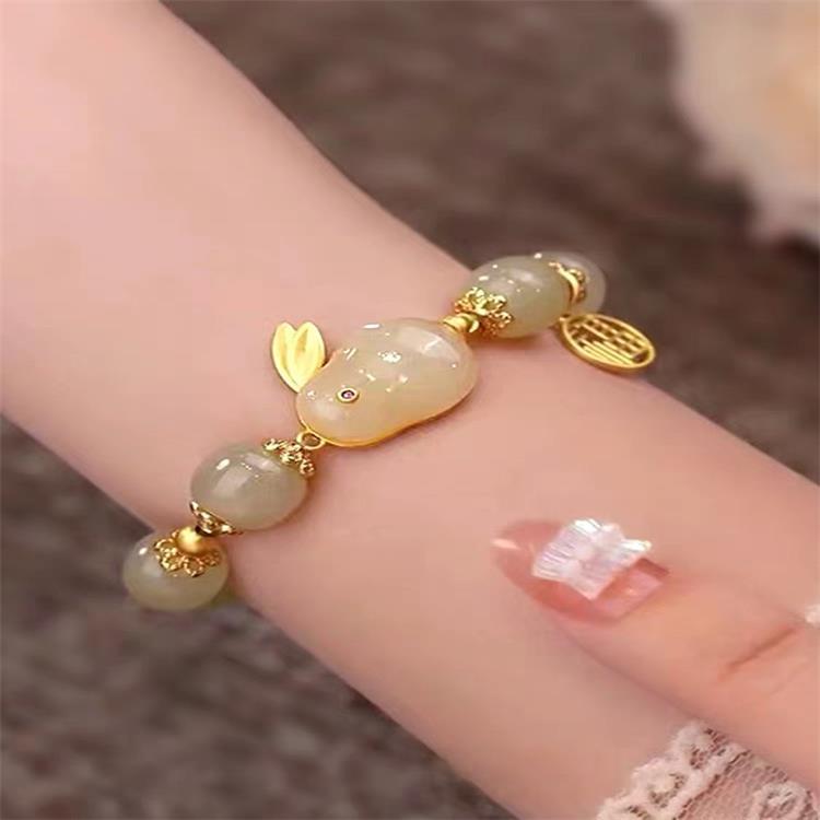 New Chinese Style Jade Rabbit Bracelet – Gold-plated Hetian Jade and Agate Lucky Bracelet