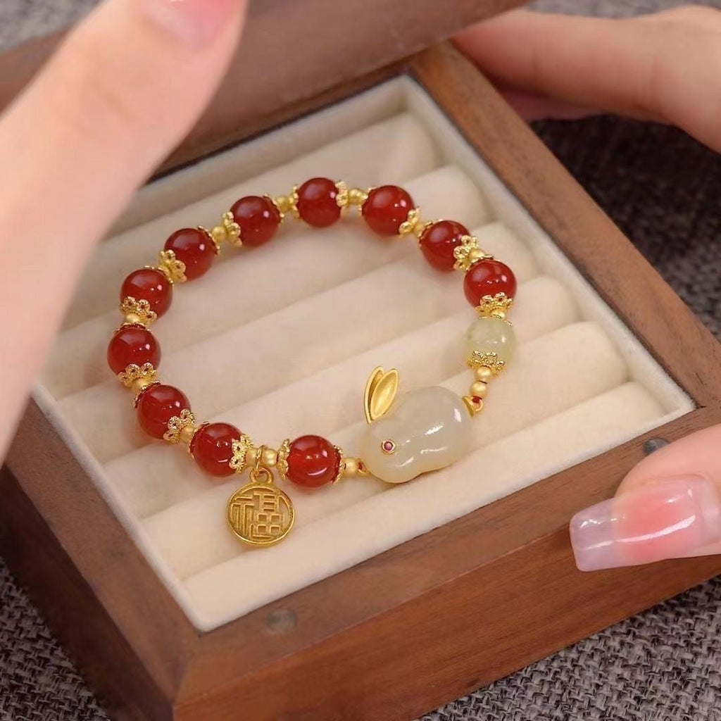 New Chinese Style Jade Rabbit Bracelet – Gold-plated Hetian Jade and Agate Lucky Bracelet